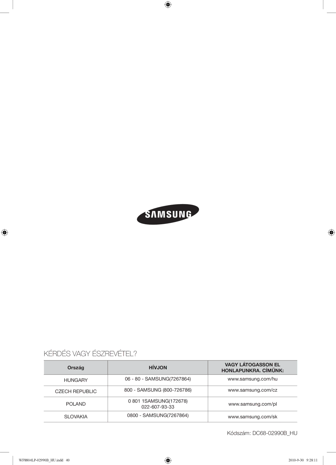 Samsung WF8804LPV/XEH manual Kérdés Vagy ÉSZREVÉTEL? 