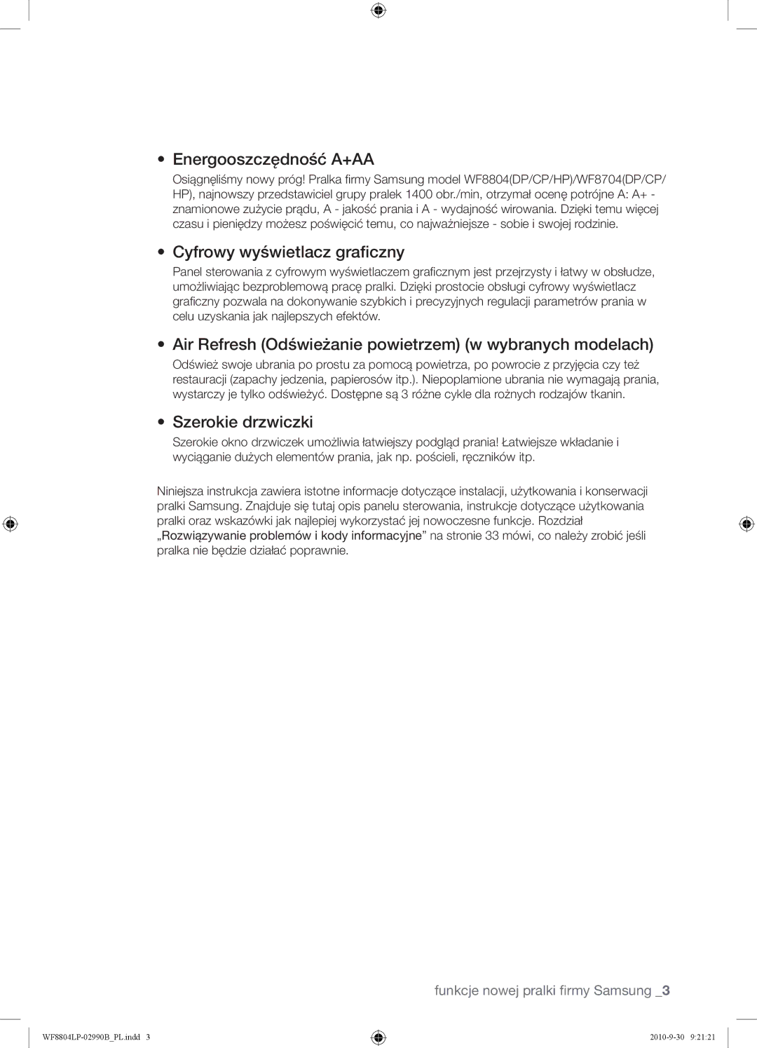 Samsung WF8804LPV/XEH manual Energooszczędność A+AA, Cyfrowy wyświetlacz graficzny, Szerokie drzwiczki 