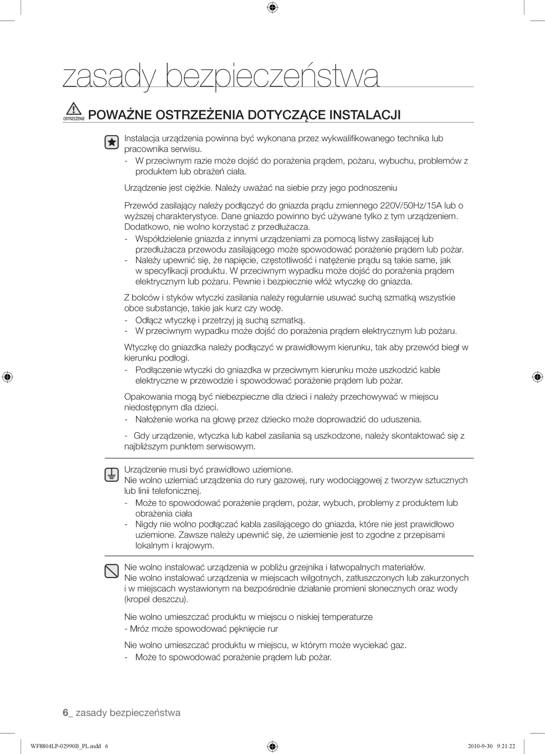 Samsung WF8804LPV/XEH manual Ostrzeżenie Poważne Ostrzeżenia Dotyczące Instalacji 