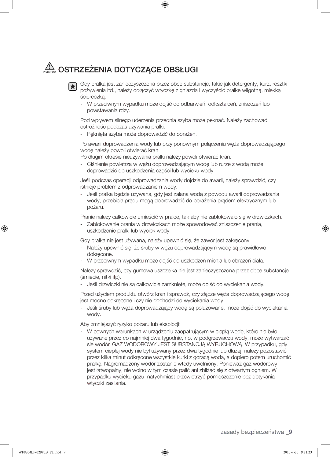 Samsung WF8804LPV/XEH manual Przestroga Ostrzeżenia Dotyczące Obsługi 