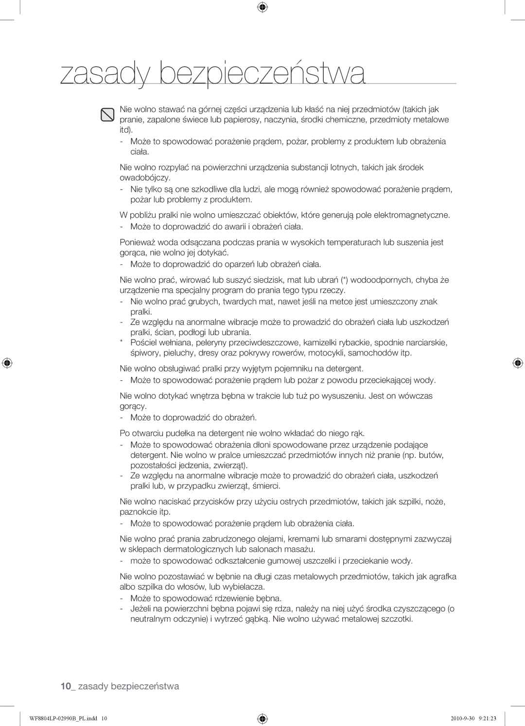 Samsung WF8804LPV/XEH manual Zasady bezpieczeństwa 