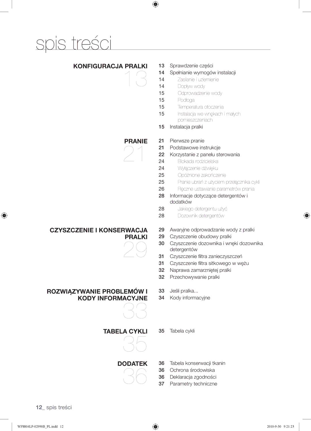 Samsung WF8804LPV/XEH manual Spis treści, Konfiguracja Pralki 