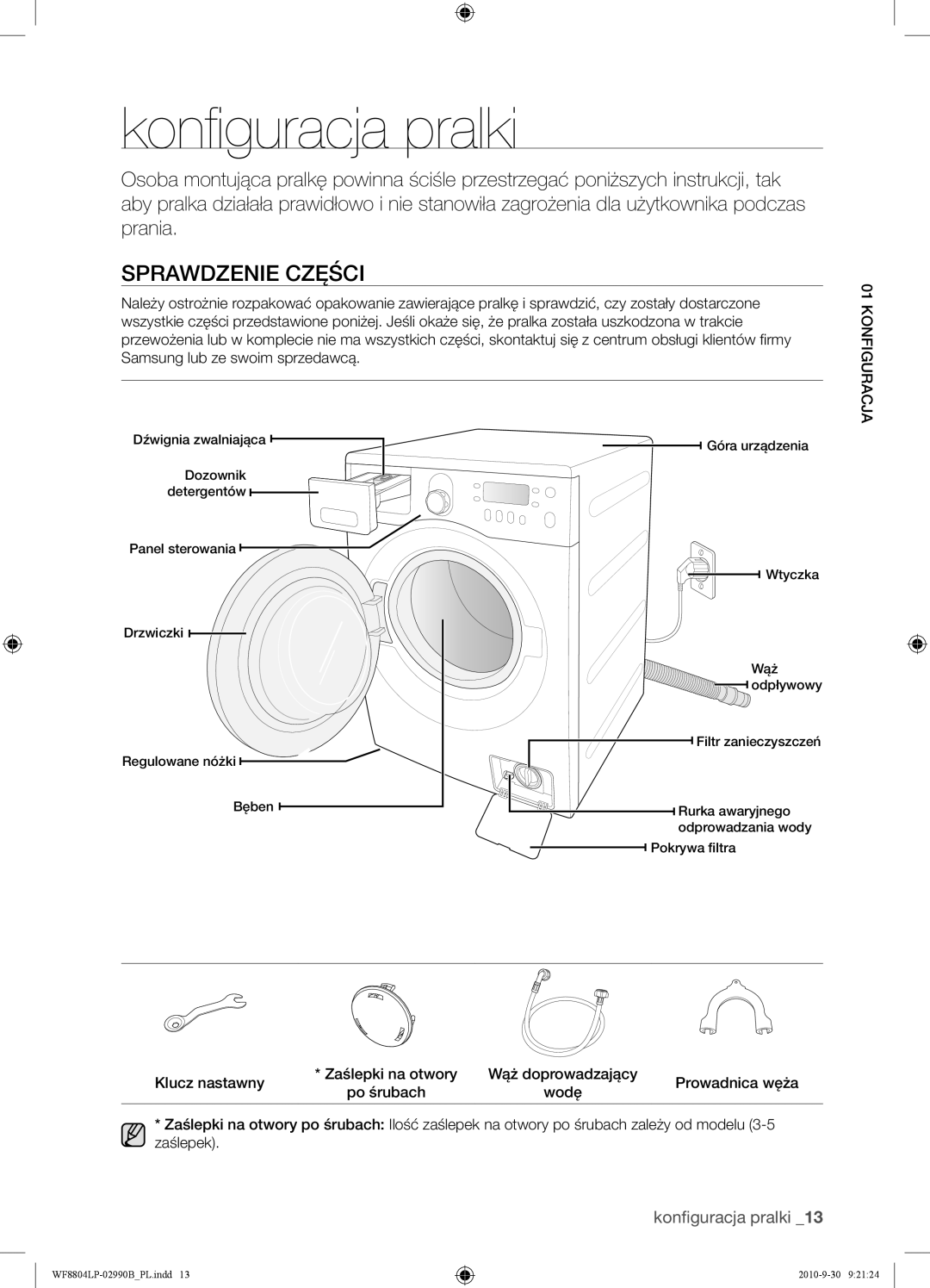 Samsung WF8804LPV/XEH manual Konfiguracja pralki, Sprawdzenie Części, 01KONFIGURACJA 