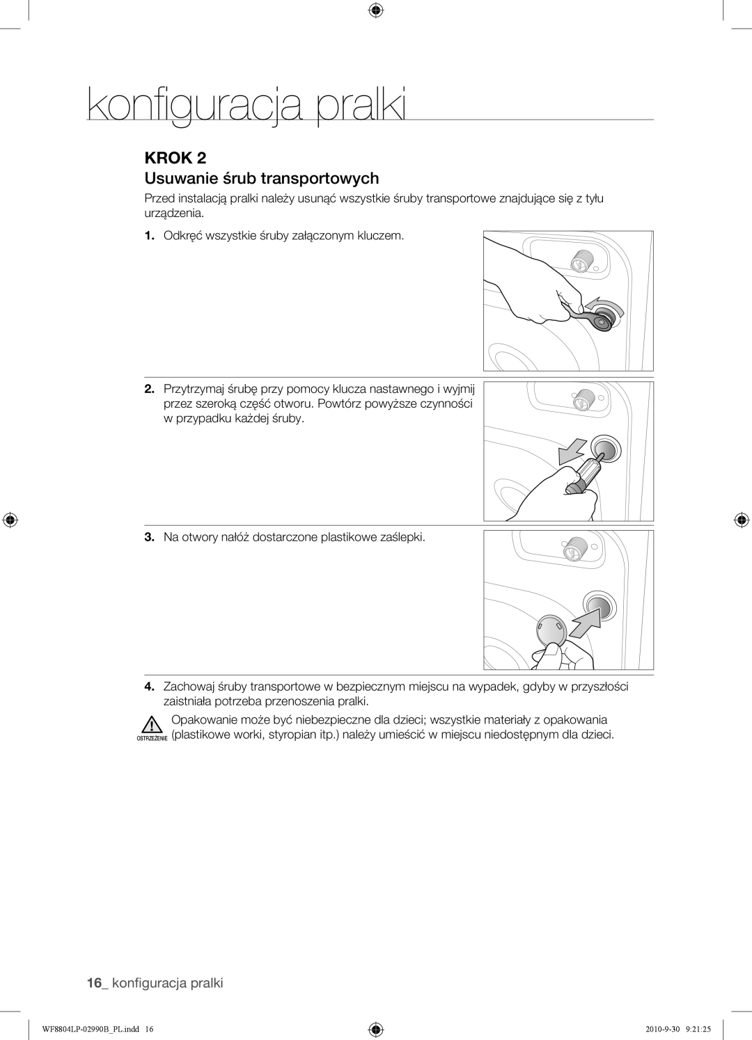 Samsung WF8804LPV/XEH manual Usuwanie śrub transportowych 