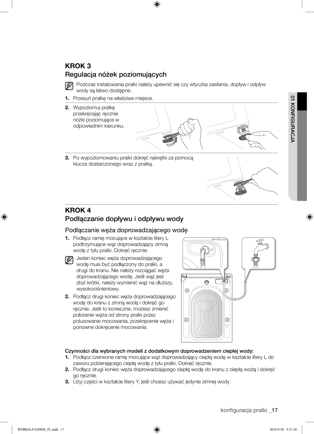 Samsung WF8804LPV/XEH manual Regulacja nóżek poziomujących, Podłączanie dopływu i odpływu wody 