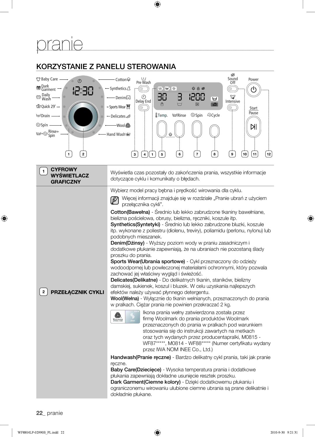 Samsung WF8804LPV/XEH manual Korzystanie Z Panelu Sterowania, Cyfrowy, Wyświetlacz, Graficzny 