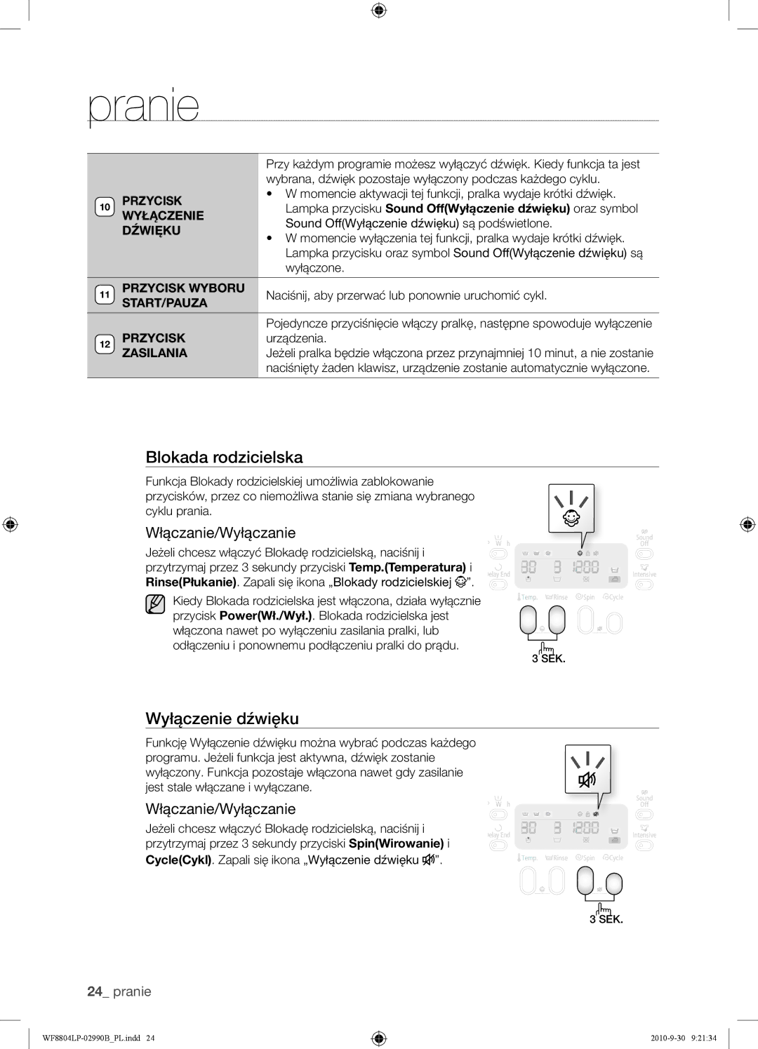 Samsung WF8804LPV/XEH manual Blokada rodzicielska, Wyłączenie dźwięku, Włączanie/Wyłączanie, Start/Pauza, Zasilania 