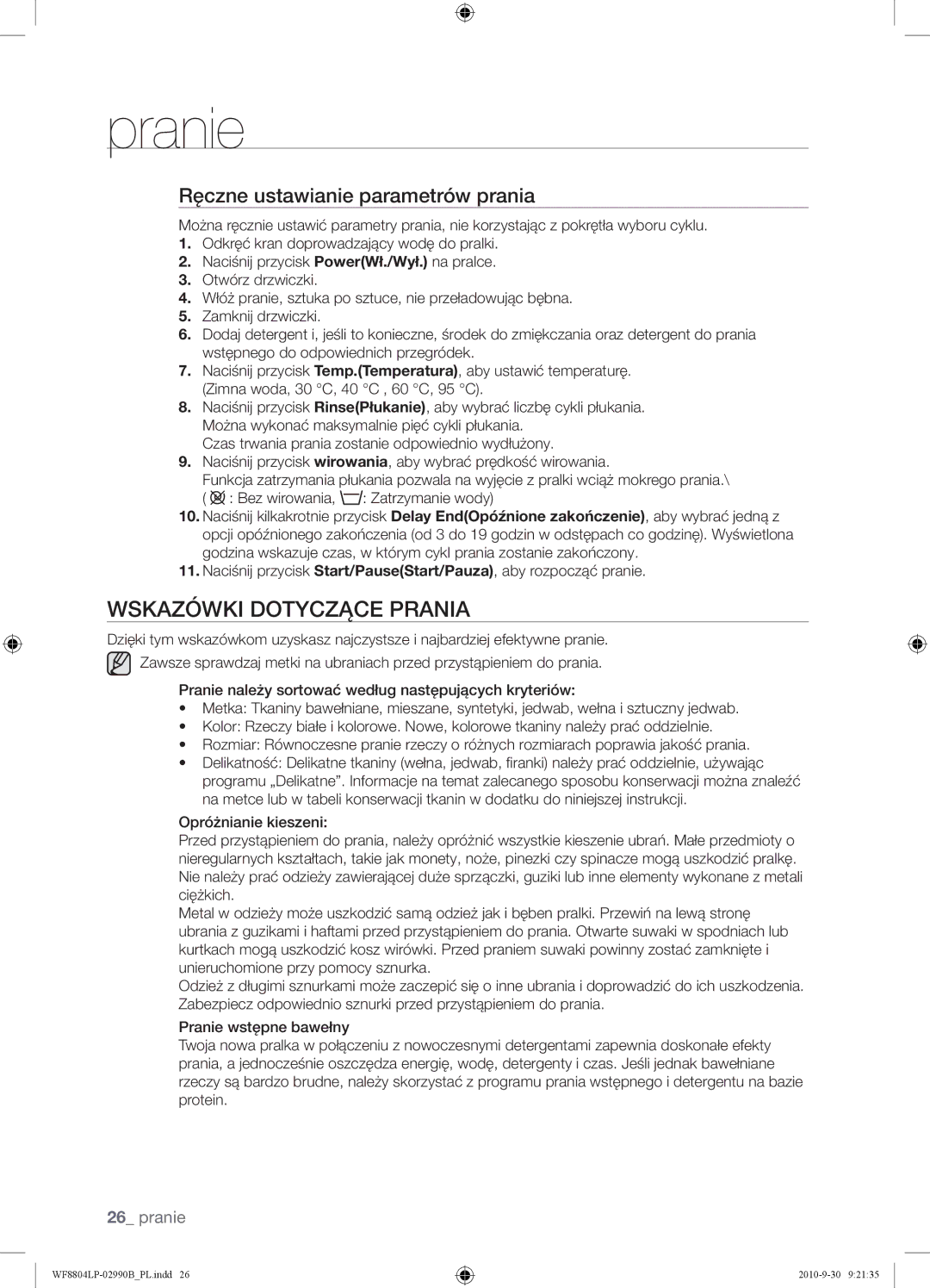 Samsung WF8804LPV/XEH manual Wskazówki Dotyczące Prania, Ręczne ustawianie parametrów prania 