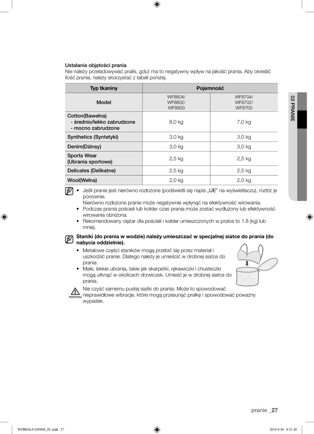 Samsung WF8804LPV/XEH manual Typ tkaniny Pojemność 