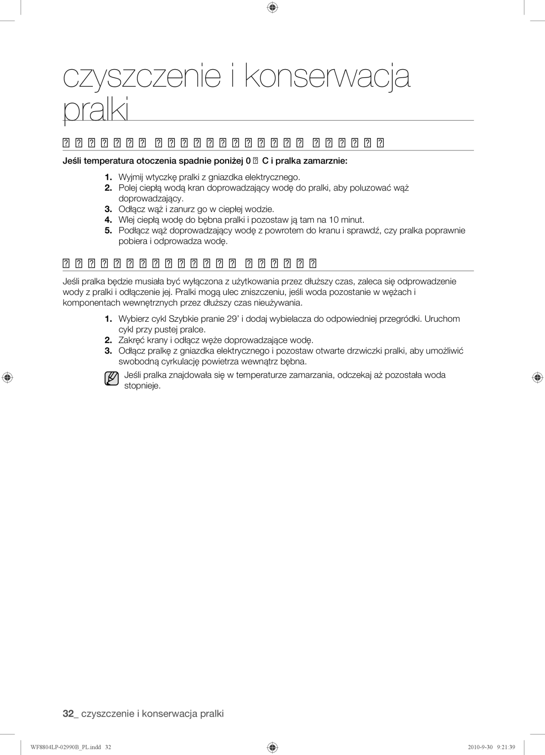 Samsung WF8804LPV/XEH manual Naprawa Zamarzniętej Pralki, Przechowywanie Pralki 