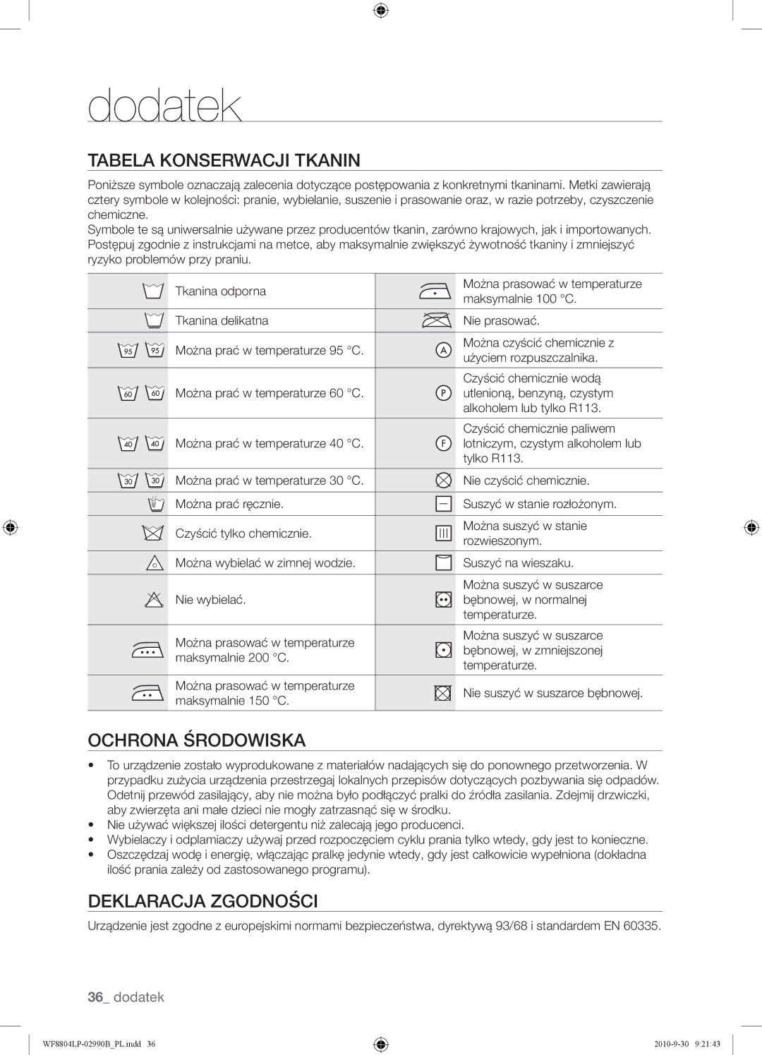 Samsung WF8804LPV/XEH manual Tabela Konserwacji Tkanin, Ochrona Środowiska, Deklaracja Zgodności 