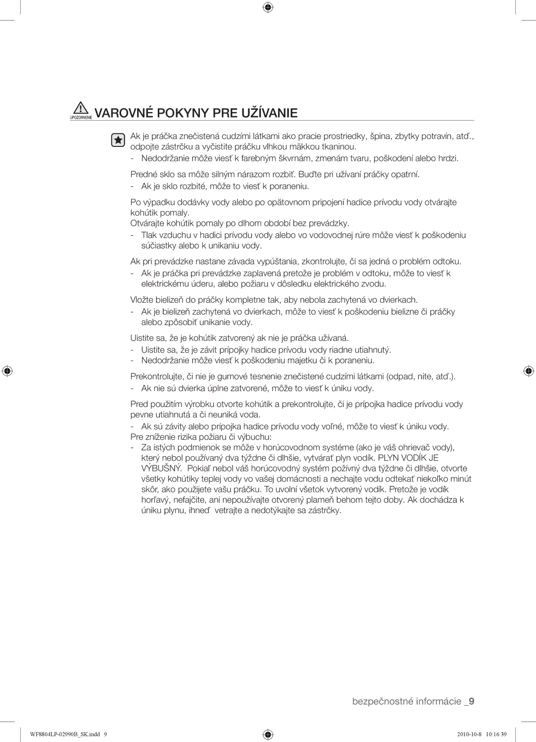 Samsung WF8804LPV/XEH manual Upozornenie Varovné Pokyny PRE Užívanie 