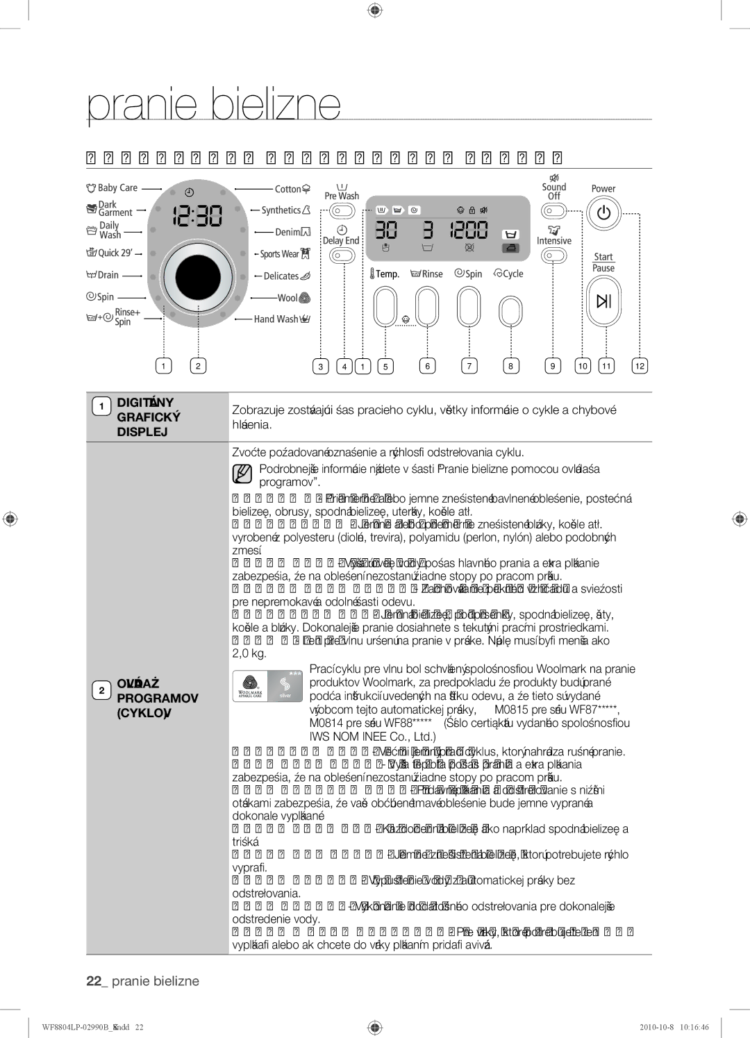 Samsung WF8804LPV/XEH manual Používanie Ovládacieho Panelu, Digitálny 