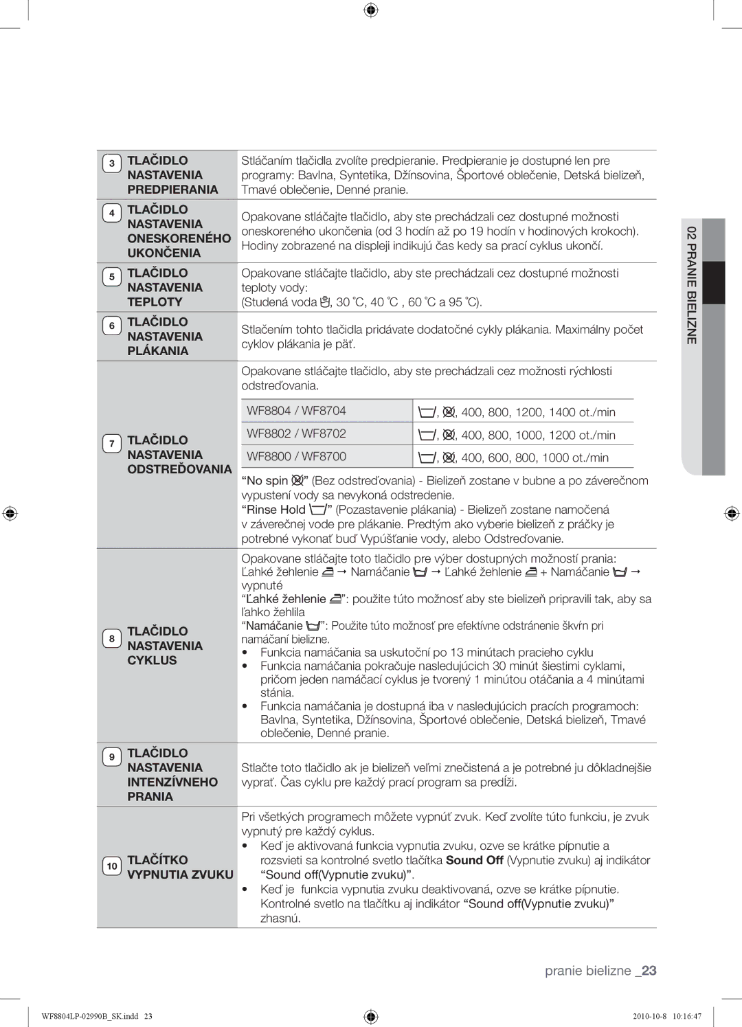 Samsung WF8804LPV/XEH manual Tlačidlo, Nastavenia, Predpierania, Oneskoreného, Ukončenia, Teploty, Plákania, Odstreďovania 