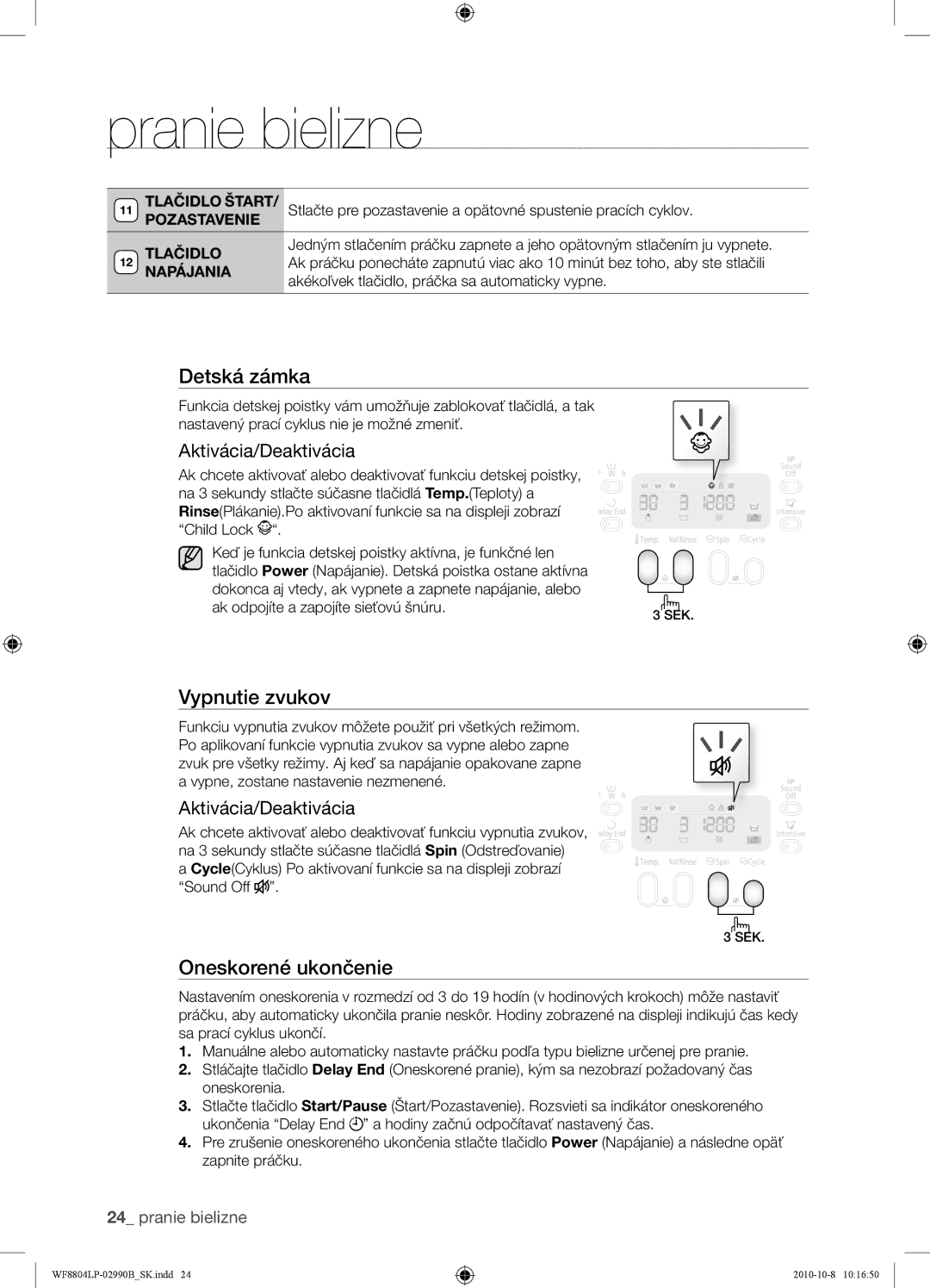 Samsung WF8804LPV/XEH manual Vypnutie zvukov, Aktivácia/Deaktivácia, Pozastavenie Tlačidlo, Napájania 