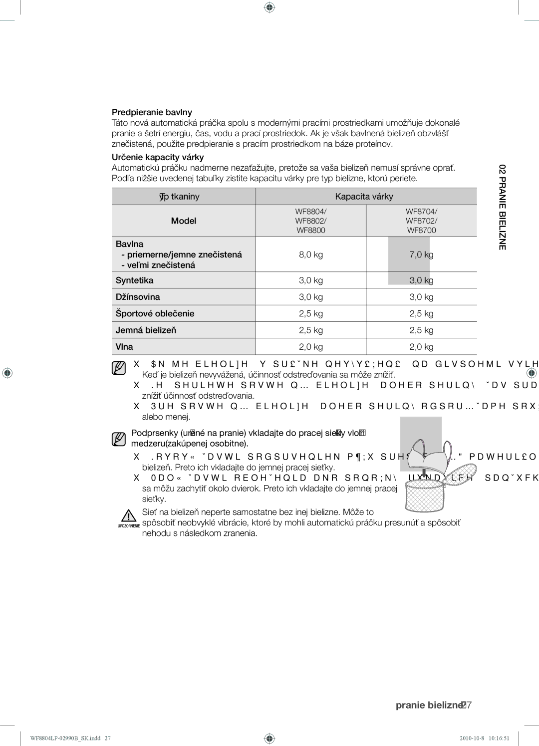 Samsung WF8804LPV/XEH manual Predpieranie bavlny, Typ tkaniny Kapacita várky 