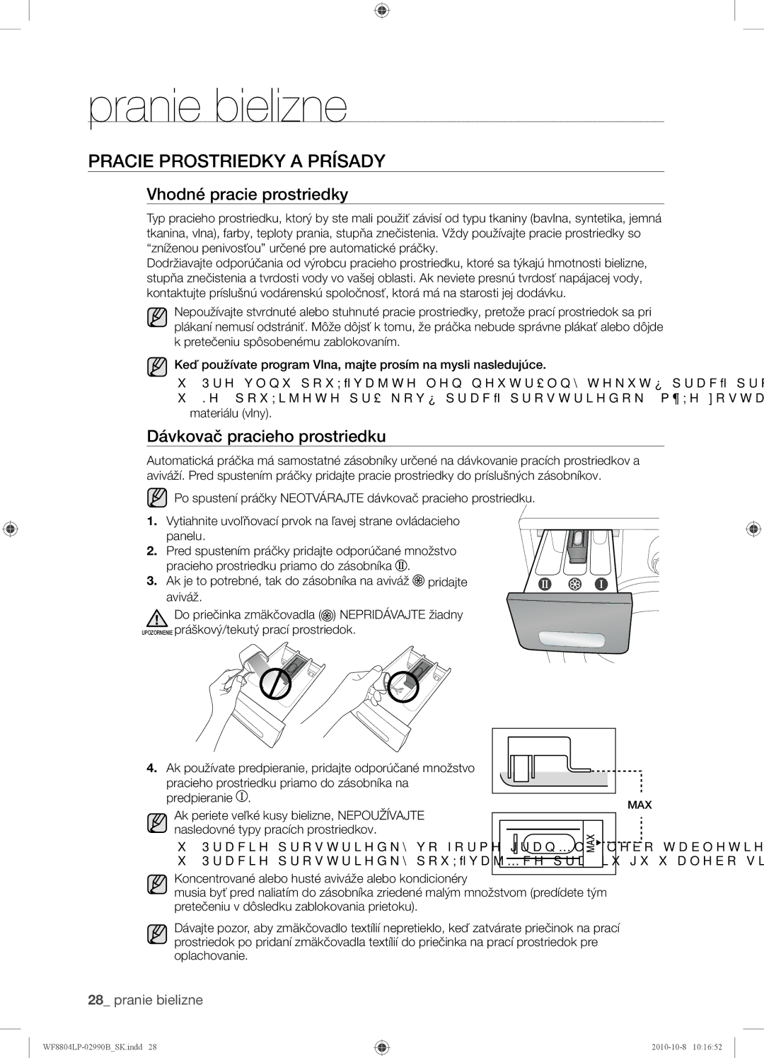 Samsung WF8804LPV/XEH manual Pracie Prostriedky a Prísady, Vhodné pracie prostriedky, Dávkovač pracieho prostriedku 