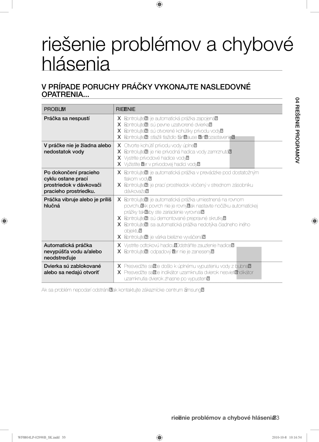 Samsung WF8804LPV/XEH manual Riešenie problémov a chybové hlásenia, Prípade Poruchy Práčky Vykonajte Nasledovné Opatrenia 