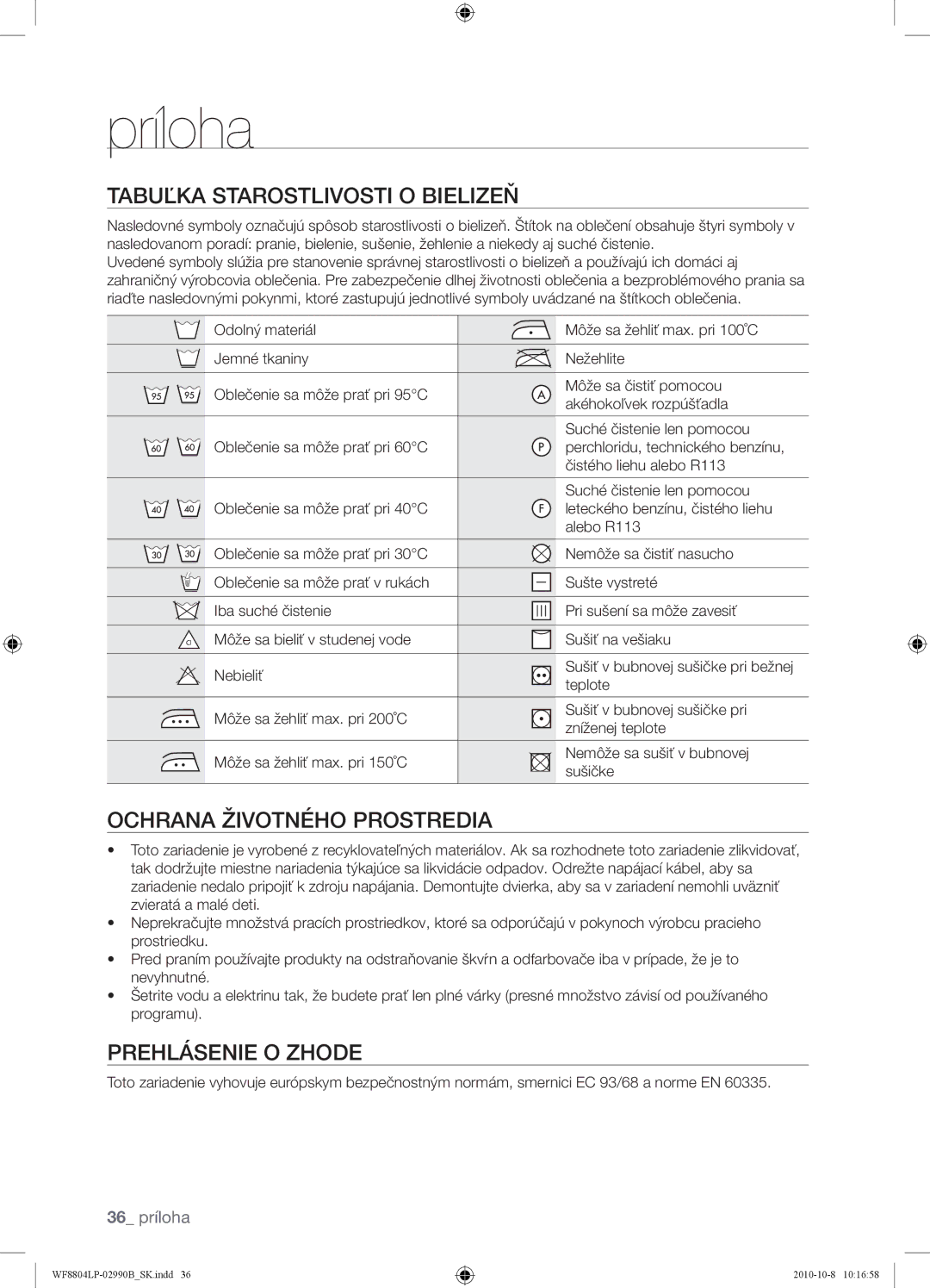 Samsung WF8804LPV/XEH manual Príloha, Tabuľka Starostlivosti O Bielizeň, Ochrana Životného Prostredia, Prehlásenie O Zhode 