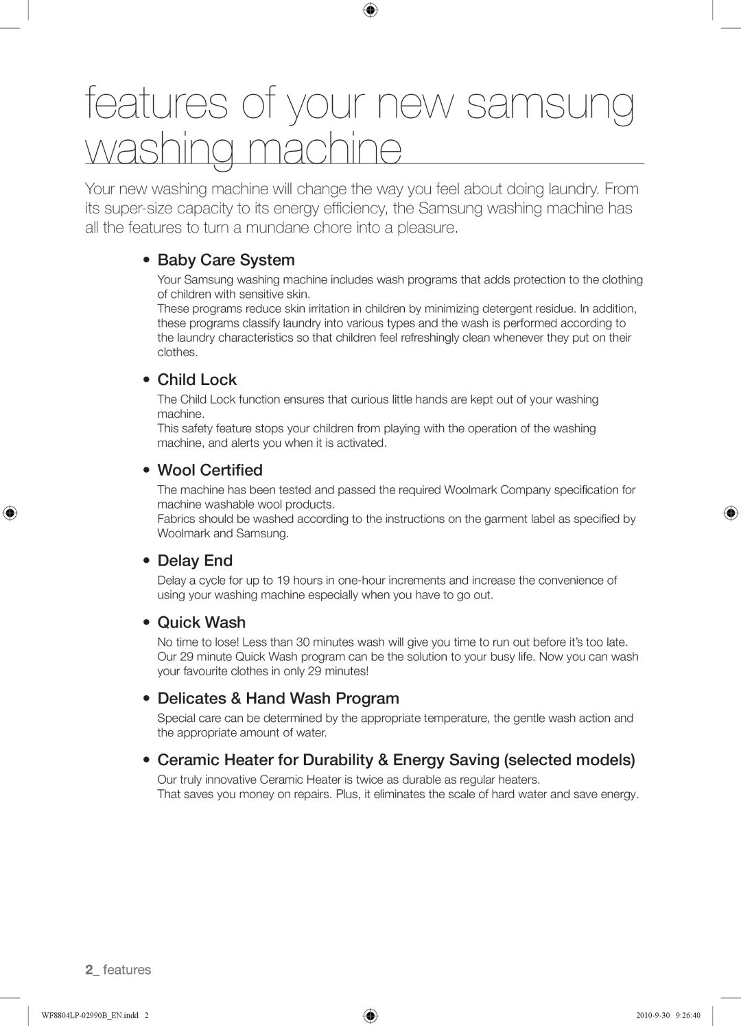 Samsung WF8804LPV/XEH manual Features of your new samsung washing machine 