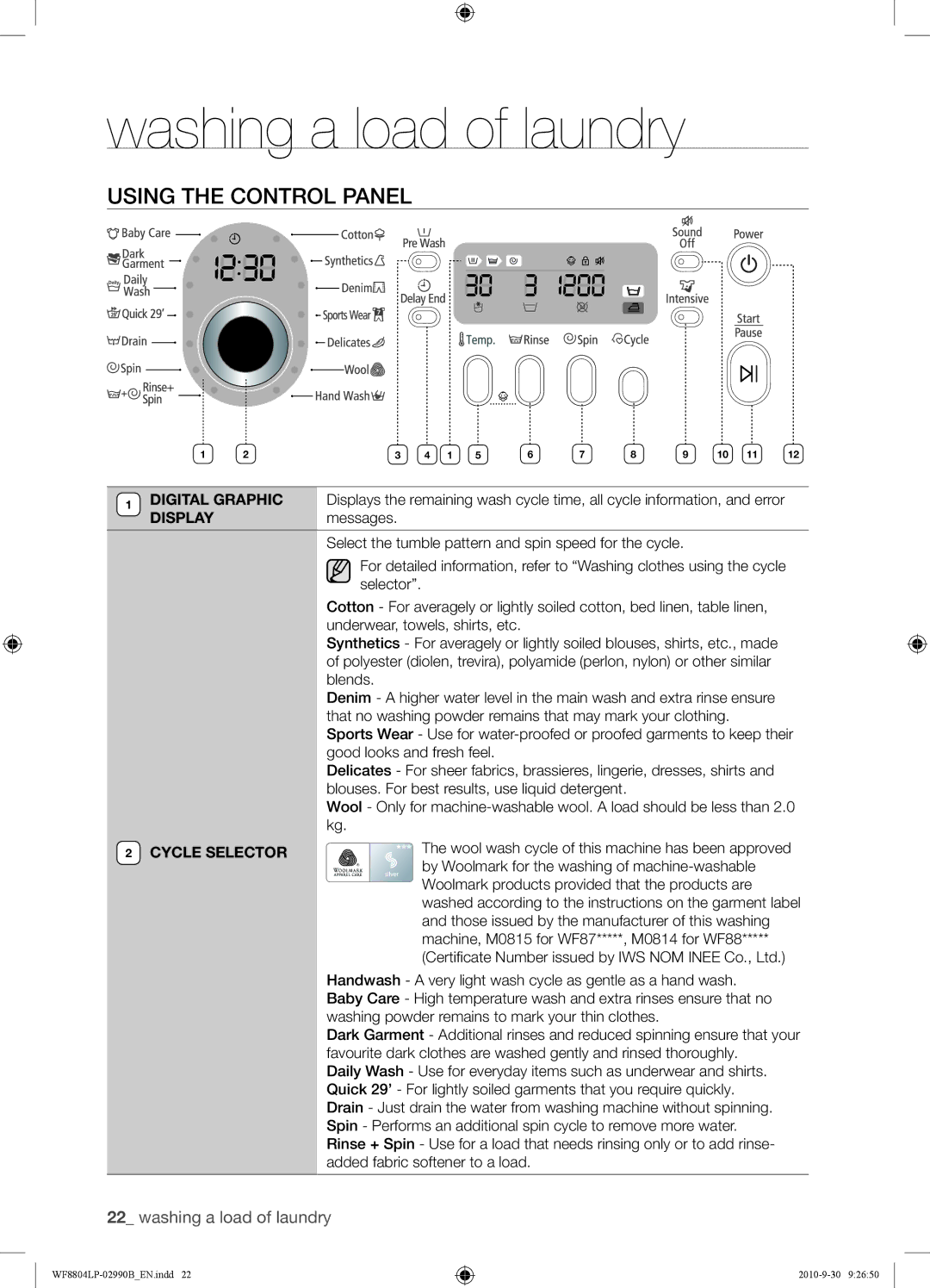 Samsung WF8804LPV/XEH manual Using the Control Panel, Cycle Selector 