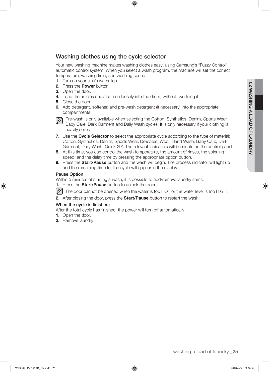 Samsung WF8804LPV/XEH manual Washing clothes using the cycle selector 