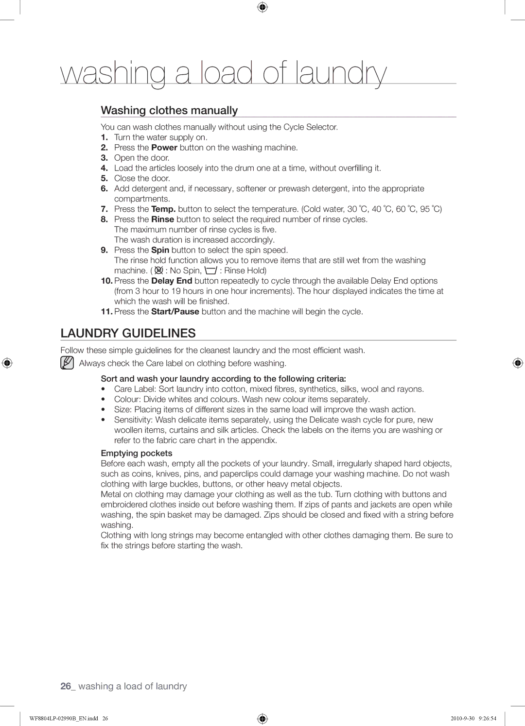 Samsung WF8804LPV/XEH Laundry Guidelines, Washing clothes manually 