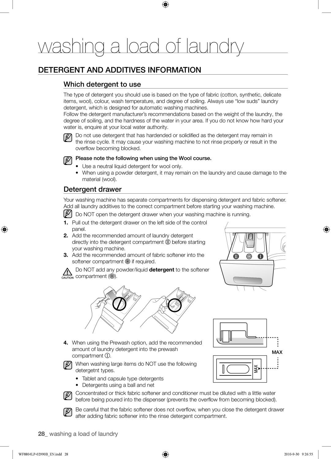 Samsung WF8804LPV/XEH manual Detergent and Additives Information, Which detergent to use, Detergent drawer 