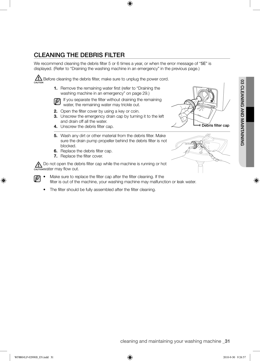 Samsung WF8804LPV/XEH manual Cleaning the Debris Filter, Andmaintaining 03CLEANING 