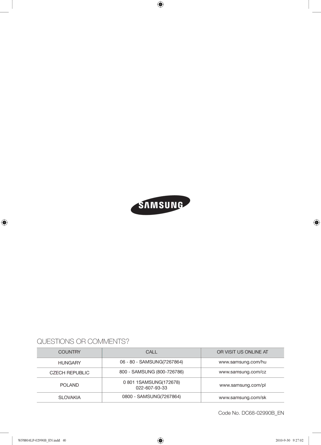 Samsung WF8804LPV/XEH manual Questions or COMMENTS?, Code No. DC68-02990BEN 