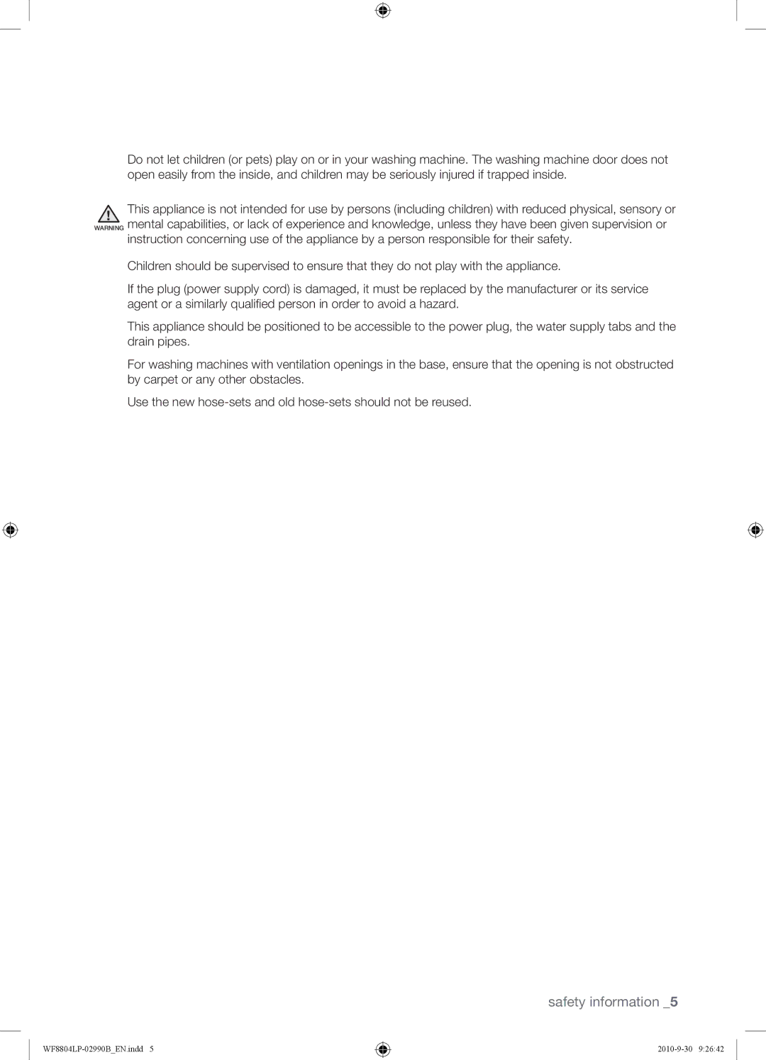 Samsung WF8804LPV/XEH manual Safety information 