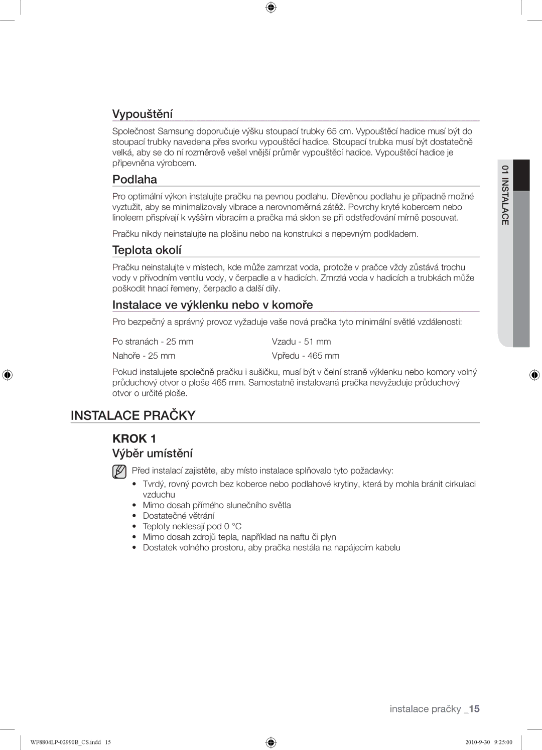 Samsung WF8804LPV/XEH manual Instalace Pračky 