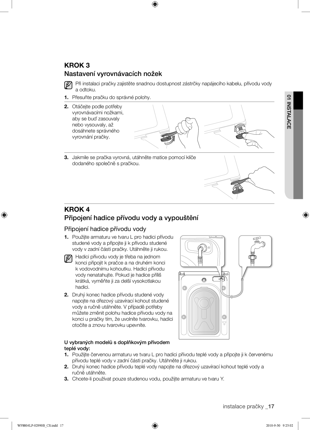 Samsung WF8804LPV/XEH manual Nastavení vyrovnávacích nožek, Připojení hadice přívodu vody a vypouštění 