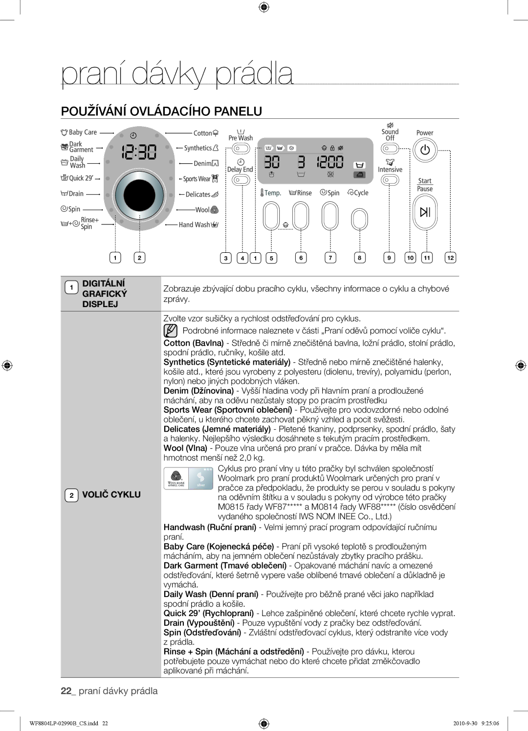 Samsung WF8804LPV/XEH manual Používání Ovládacího Panelu, Digitální, Grafický, Volič Cyklu 