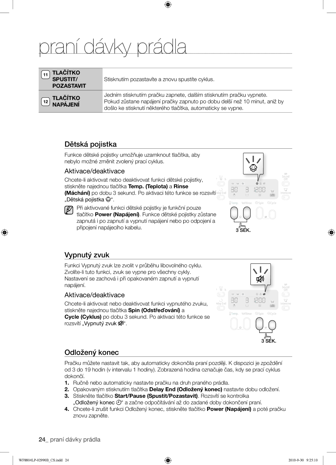 Samsung WF8804LPV/XEH manual Vypnutý zvuk, Odložený konec, Aktivace/deaktivace 