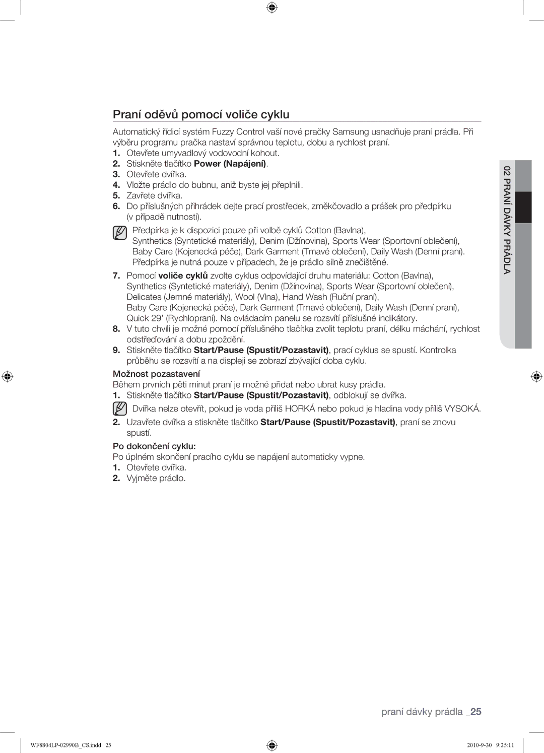 Samsung WF8804LPV/XEH manual Praní oděvů pomocí voliče cyklu 