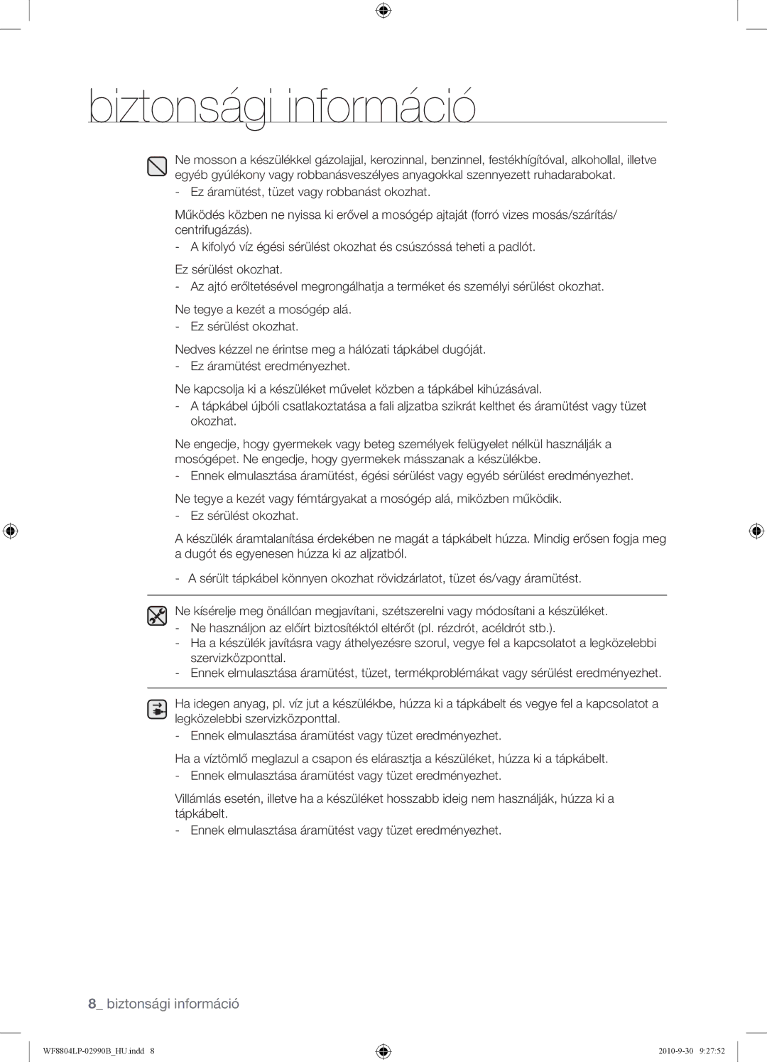 Samsung WF8804LPV/XEH manual Biztonsági információ 