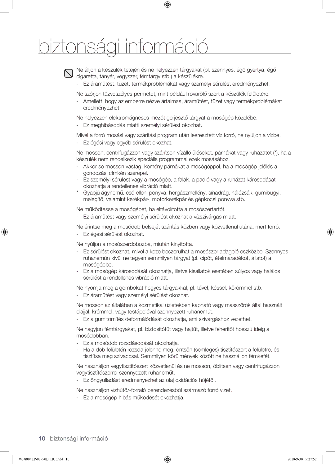 Samsung WF8804LPV/XEH manual Biztonsági információ 