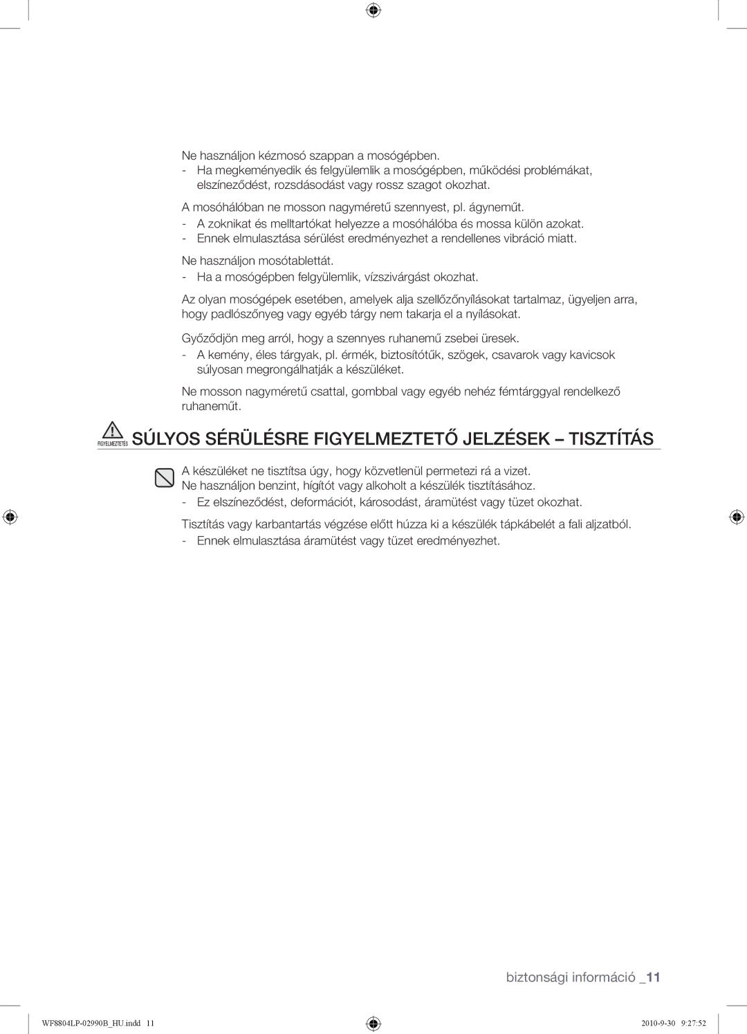 Samsung WF8804LPV/XEH manual Biztonsági információ 