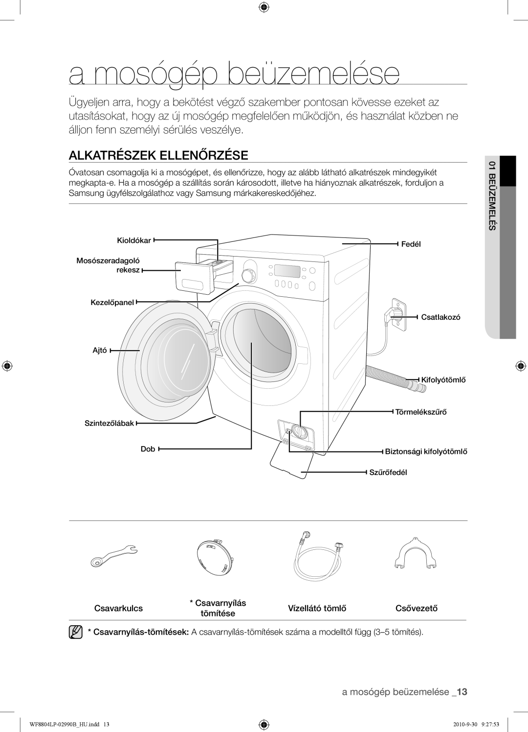 Samsung WF8804LPV/XEH manual Mosógép beüzemelése, Alkatrészek Ellenőrzése, 01BEÜZEMELÉS, Csavarkulcs 