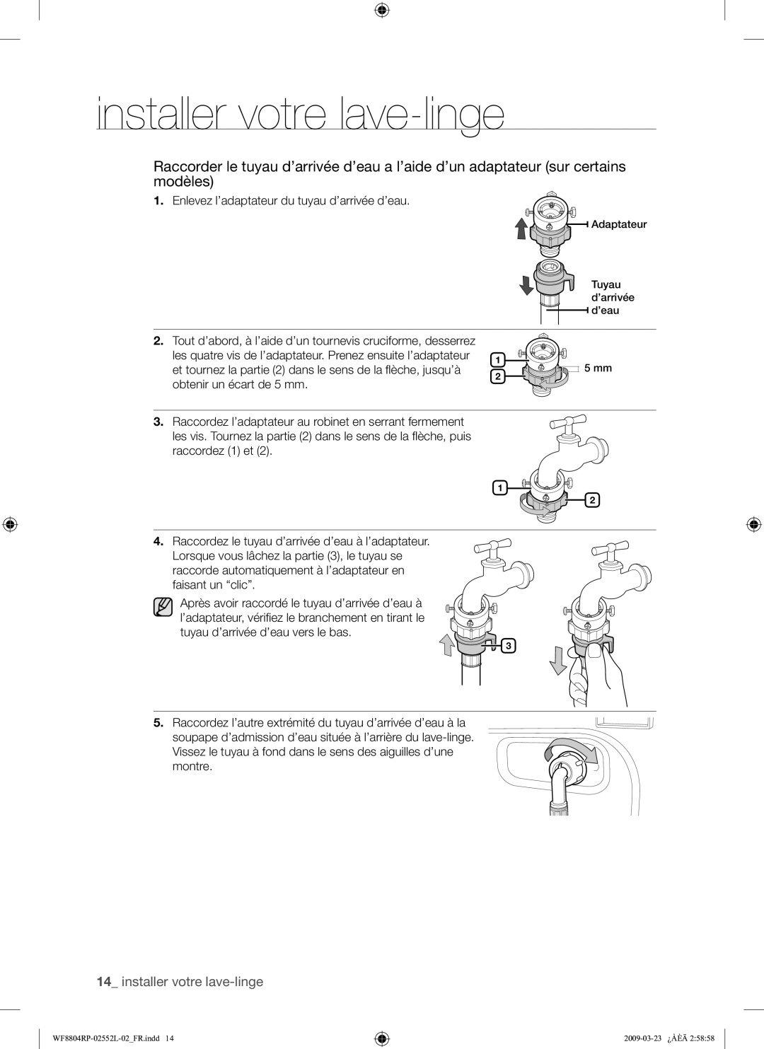 Samsung WF8804RPH/XEF manual Enlevez l’adaptateur du tuyau d’arrivée d’eau 