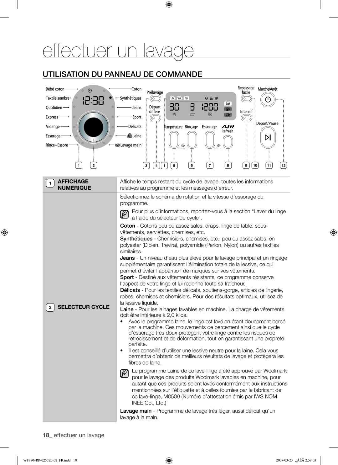 Samsung WF8804RPH/XEF manual Utilisation DU Panneau DE Commande, Affichage, Numerique 