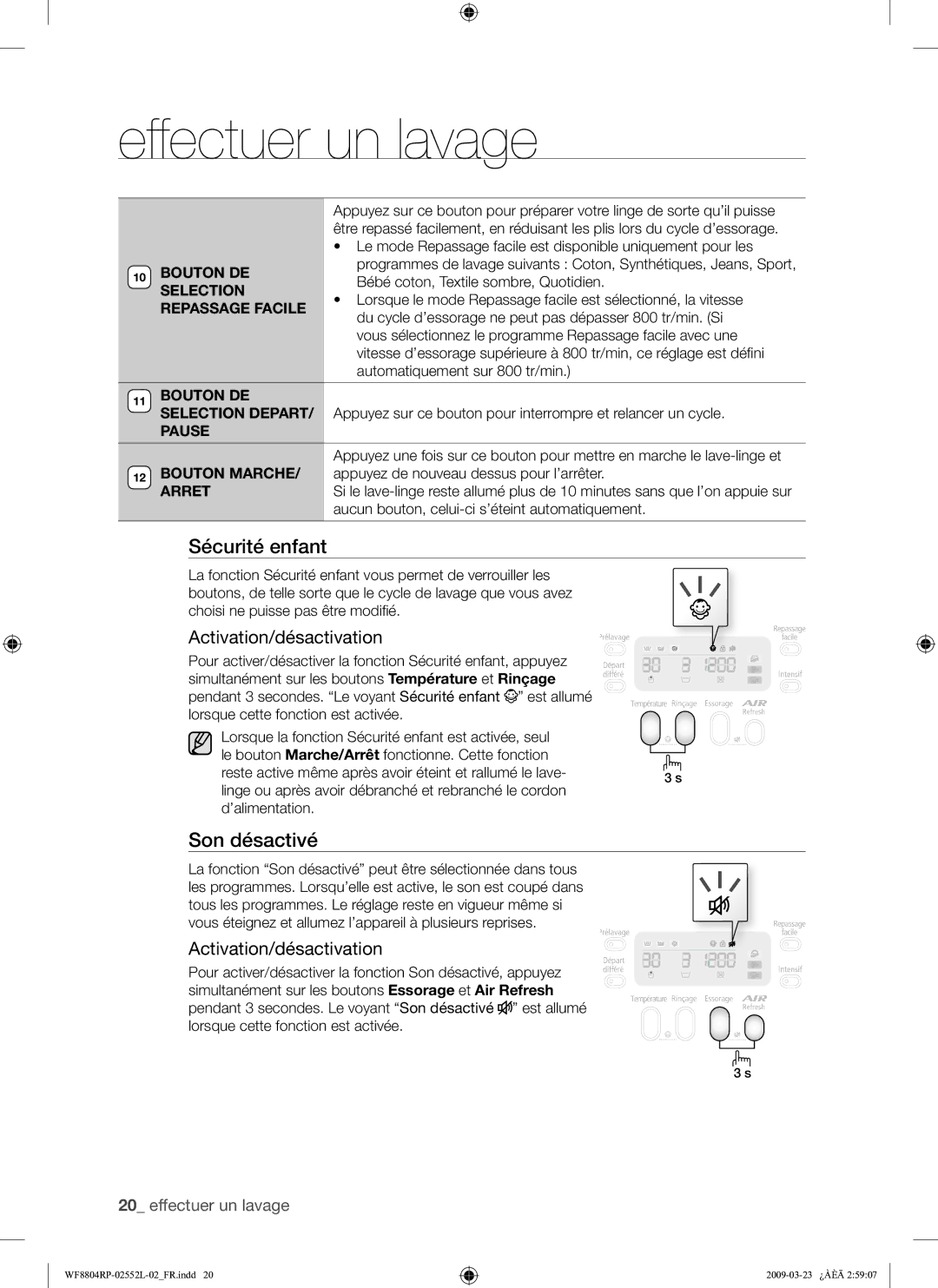 Samsung WF8804RPH/XEF manual Son désactivé, Repassage Facile, Pause, Bouton Marche, Arret 