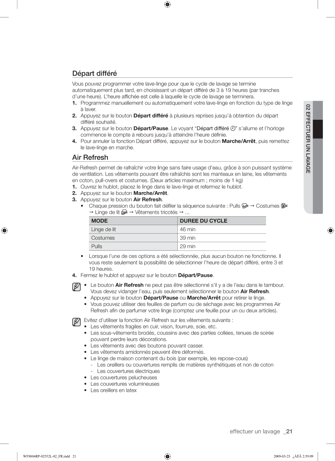 Samsung WF8804RPH/XEF manual Air Refresh, Mode Duree DU Cycle 