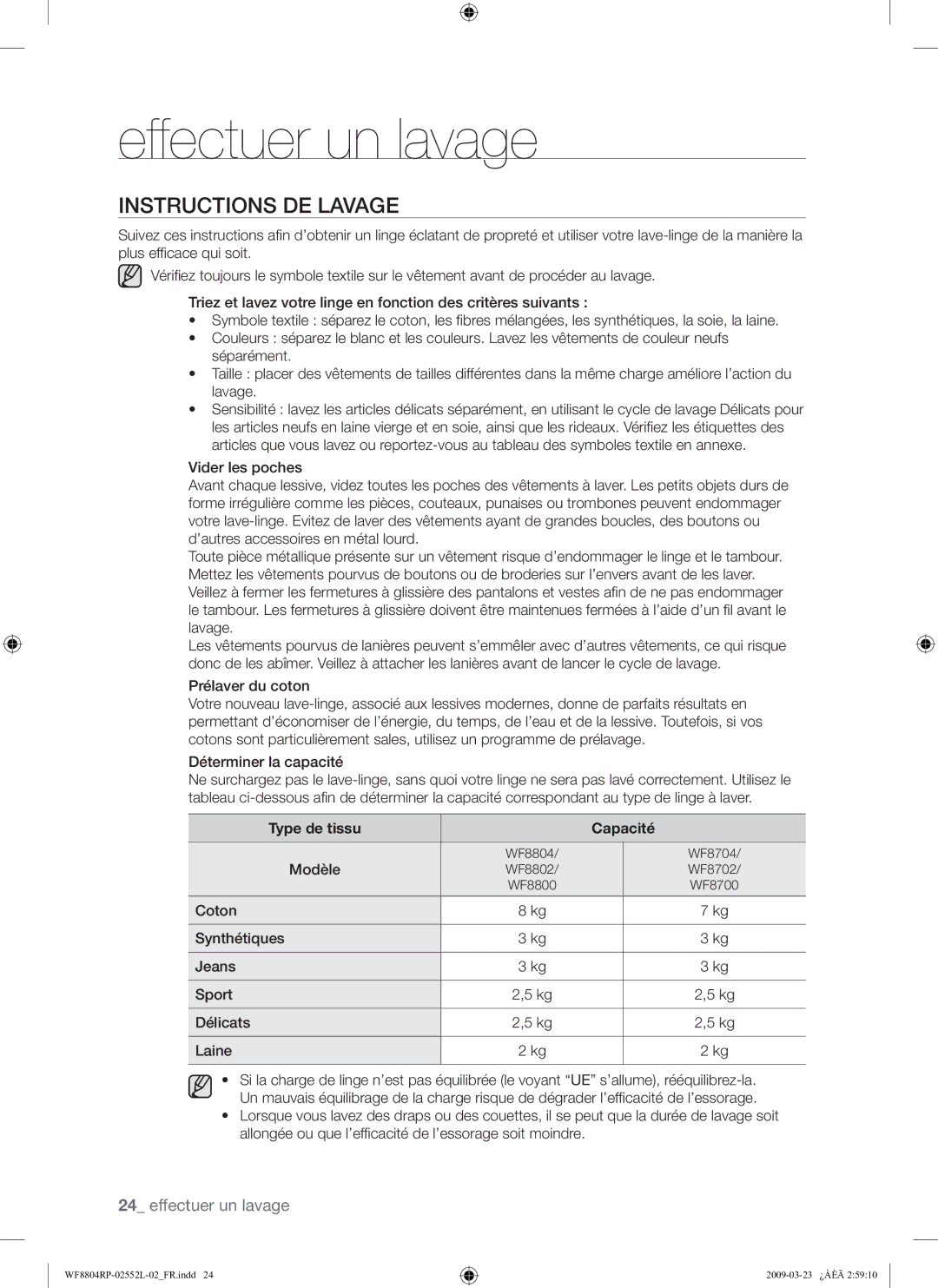 Samsung WF8804RPH/XEF manual Instructions DE Lavage, Prélaver du coton 