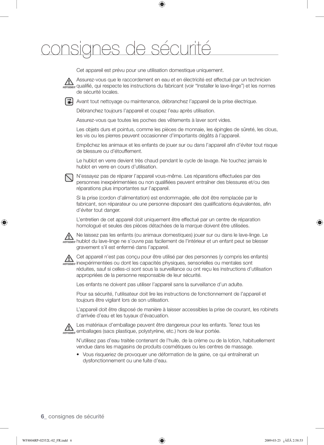 Samsung WF8804RPH/XEF manual Consignes de sécurité 