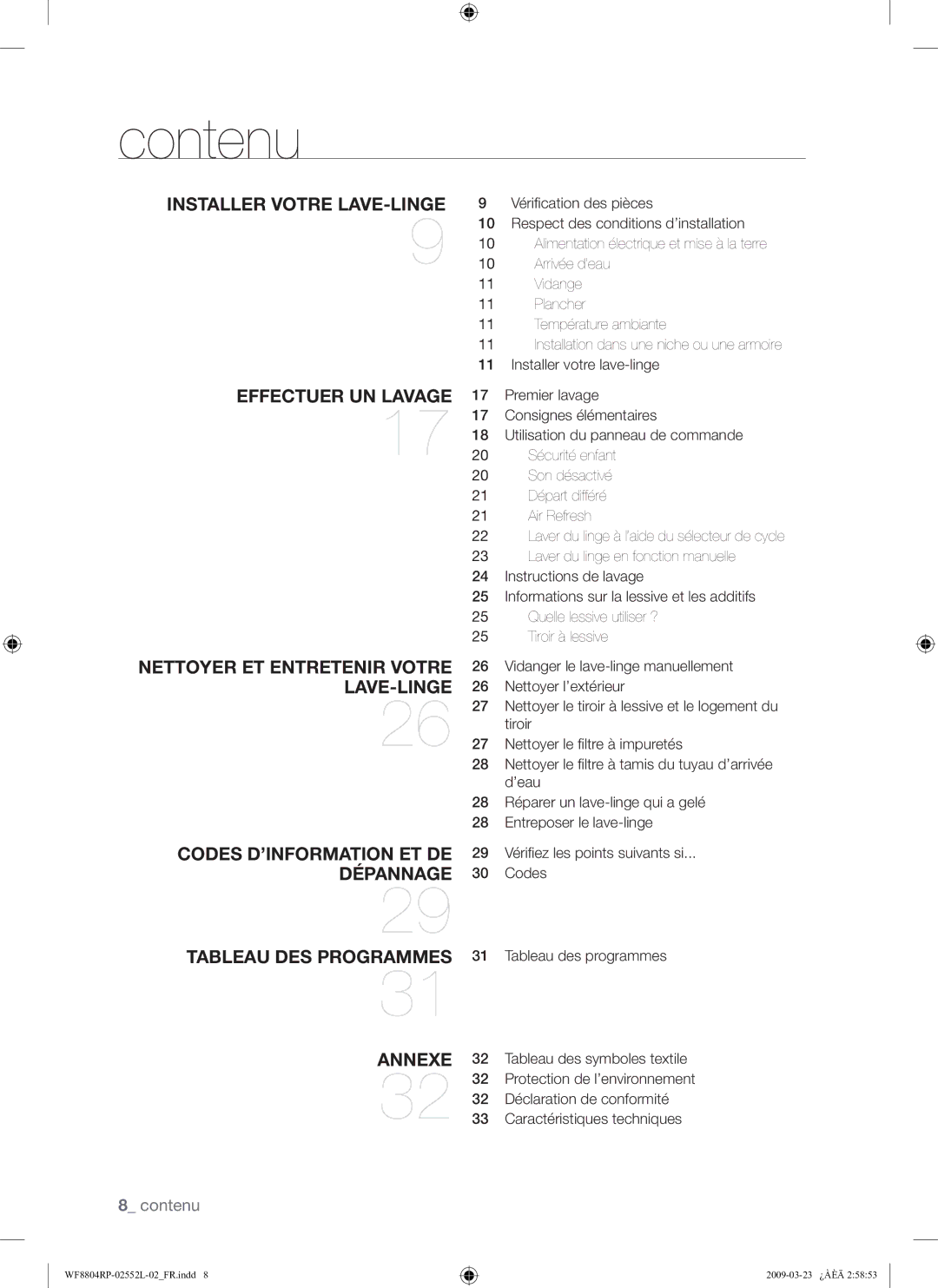 Samsung WF8804RPH/XEF manual Contenu, Installer Votre LAVE-LINGE 