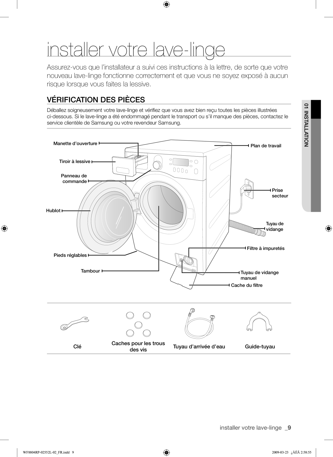 Samsung WF8804RPH/XEF manual Installer votre lave-linge, Vérification DES Pièces 