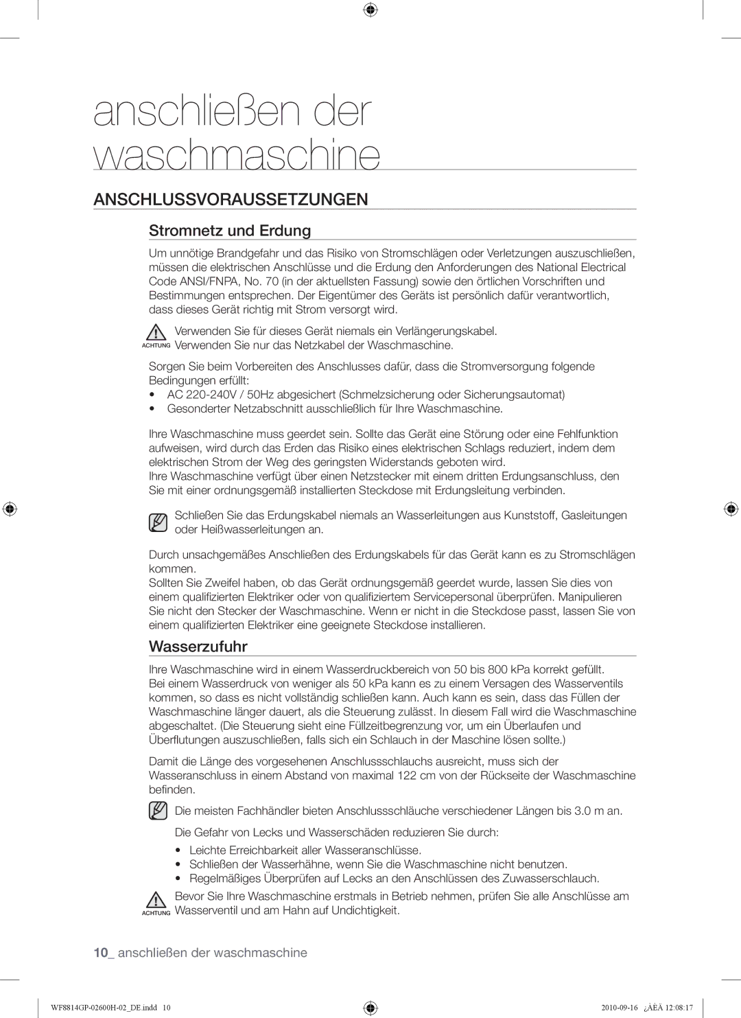 Samsung WF8714GPH1/XEG, WF8814GPA1/XEG, WF8724GPA/XEG manual Anschlussvoraussetzungen, Stromnetz und Erdung, Wasserzufuhr 