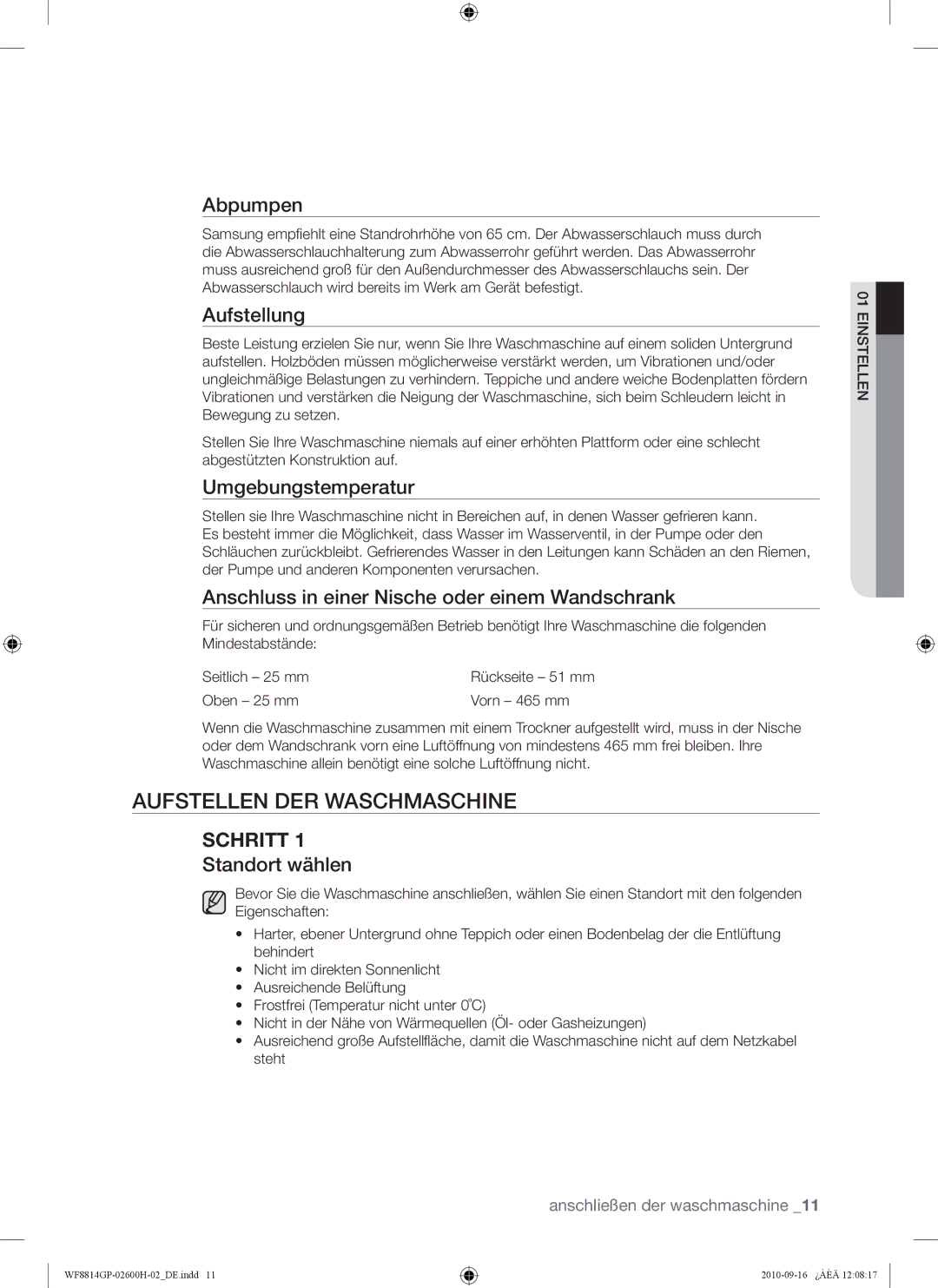 Samsung WF8714GPH/XEG, WF8814GPA1/XEG, WF8724GPA/XEG, WF8814GPA/XEG, WF8724GPA1/XEG manual Aufstellen DER Waschmaschine 